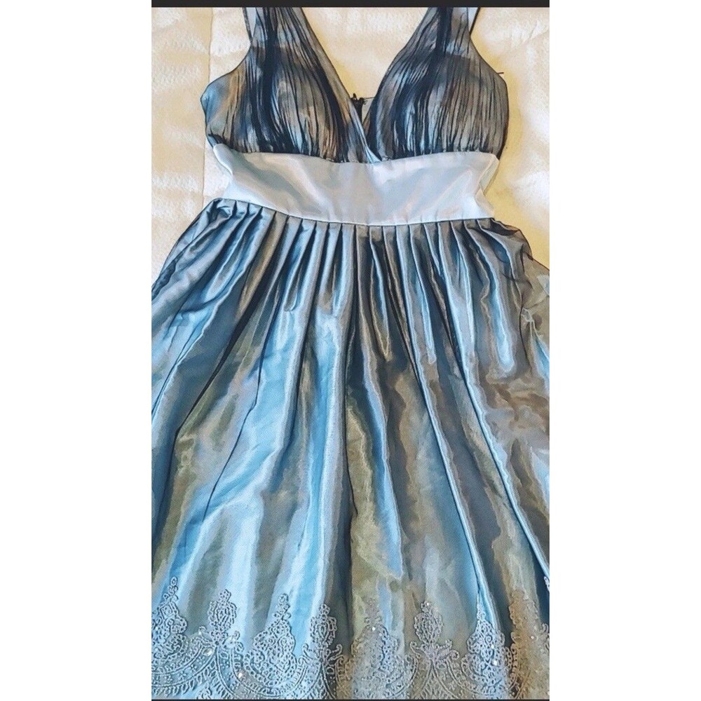 Formal Dress Aqua With Black Mesh Overlay And Rhinestones Sz 12
